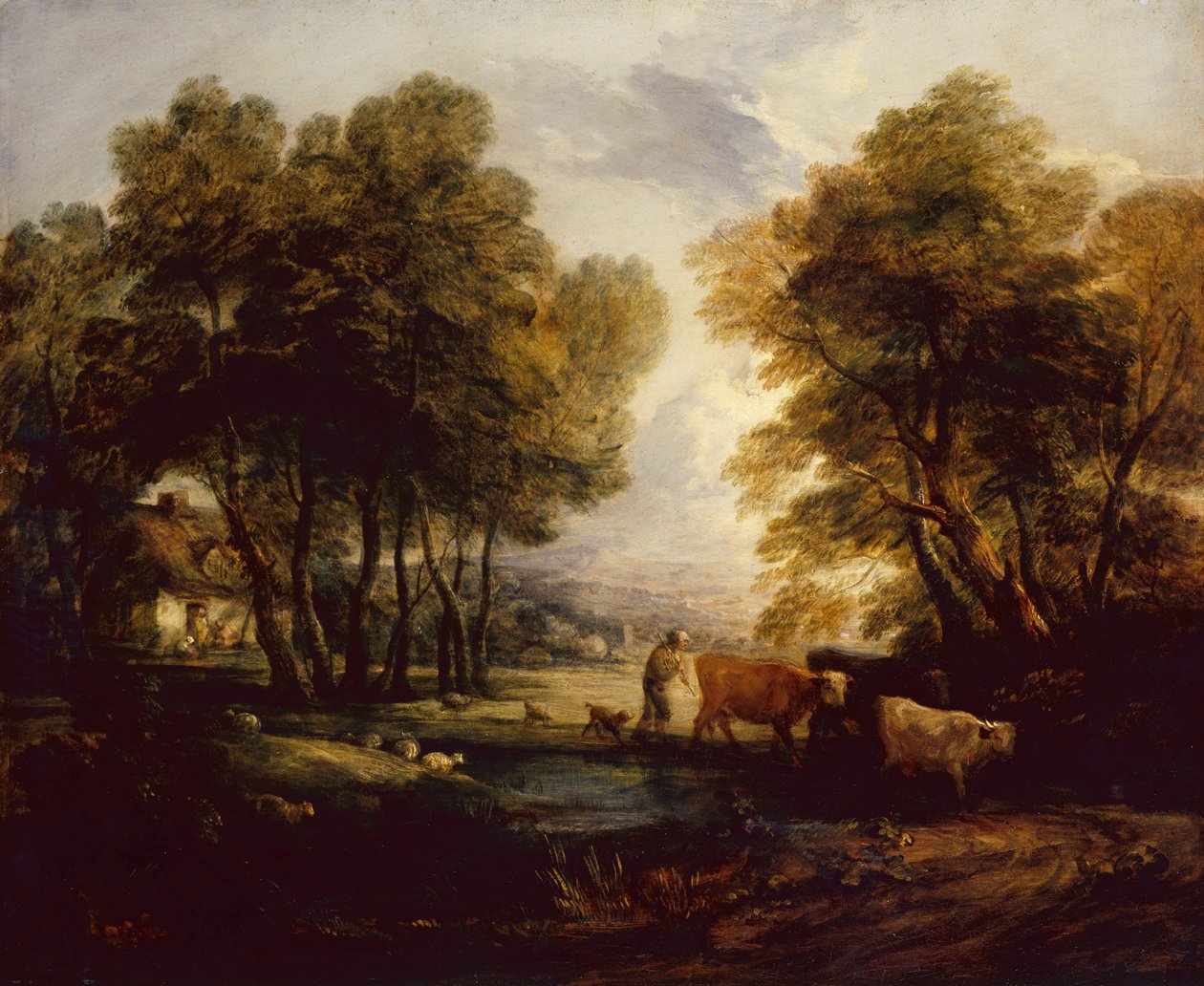 Ett skogslandskap med herd, kor och får nära en pool (olja) av Thomas Gainsborough