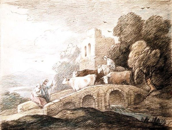 En bro med boskap som passerar över (ritning) av Thomas Gainsborough