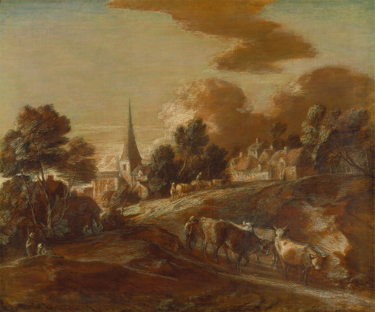 En imaginär skogbevuxen by med drovers och boskap av Thomas Gainsborough