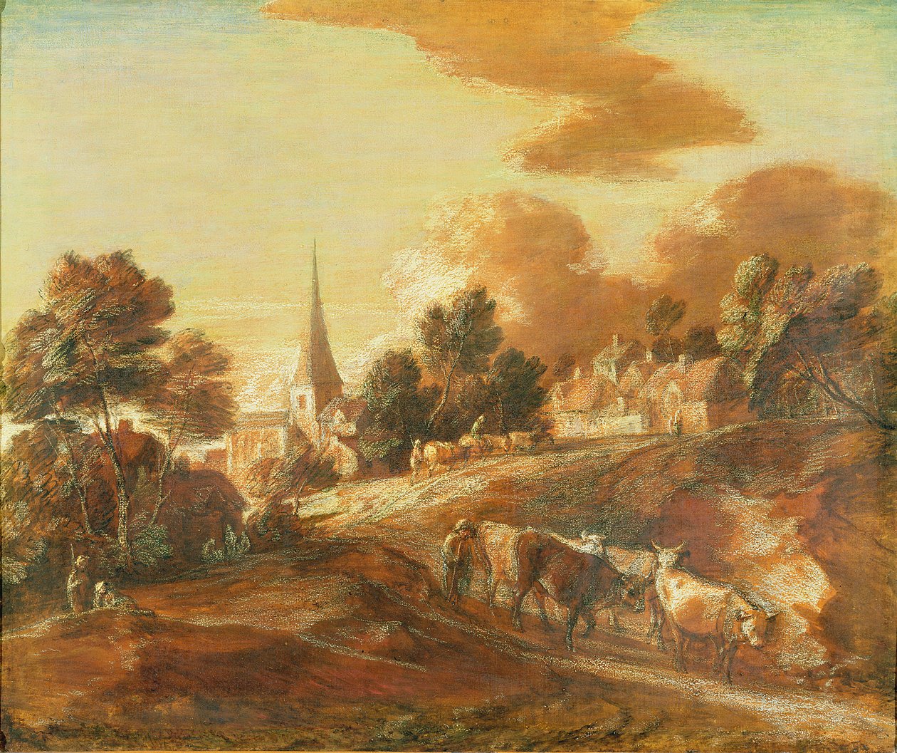 An Imaginary Wooded Village with Drovers and Cattle, c.1771-72 (olja och mixed media på papper på duk) av Thomas Gainsborough