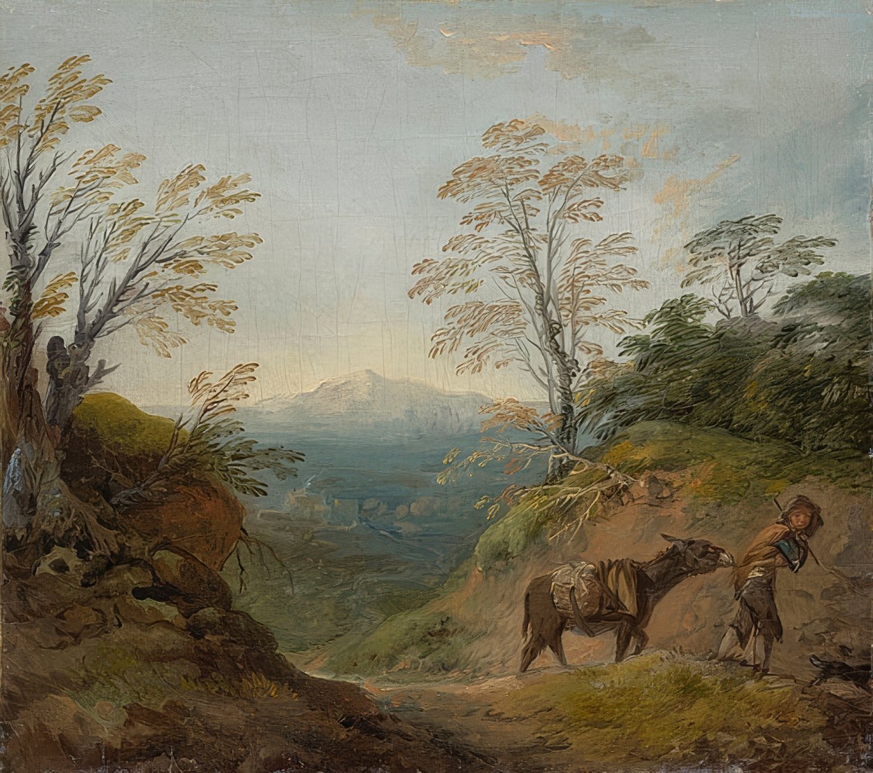 Skogbevuxet landskap med en pojke som leder en åsna och en hund och ett vidsträckt panorama av byggnader och avlägsna kullar. Början av 1760-talet av Thomas Gainsborough