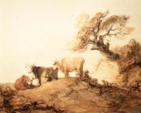 Nötkreatur med drovers och en hund under ett träd (akvarell) av Thomas Gainsborough