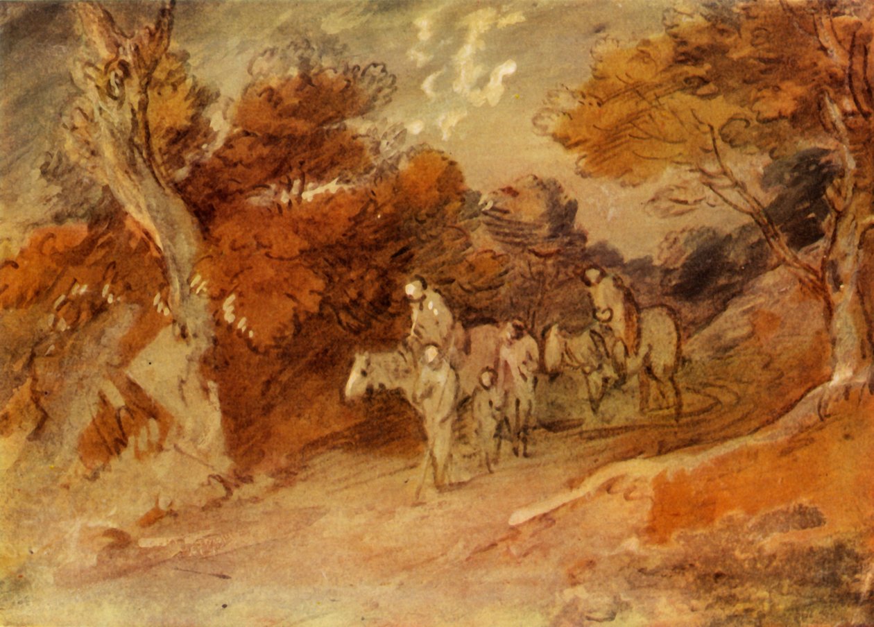 Figurer and Horses in a Country Lane, mitten av slutet av 1700-talet, 1934. av Thomas Gainsborough