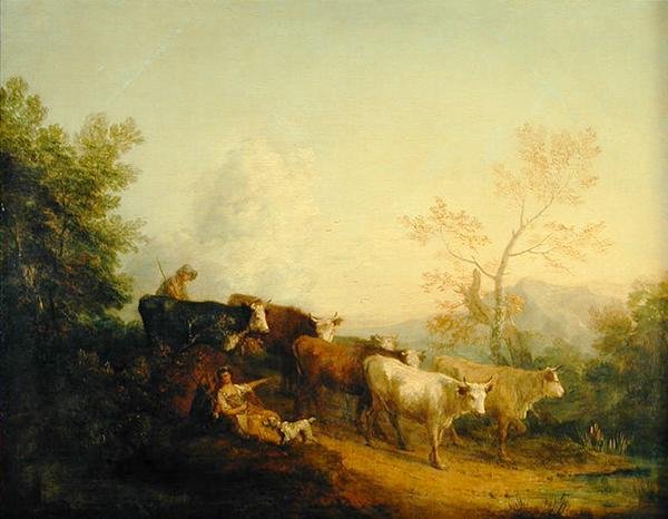 Herdsmen driver boskap mot en stolpe (olja på duk) av Thomas Gainsborough