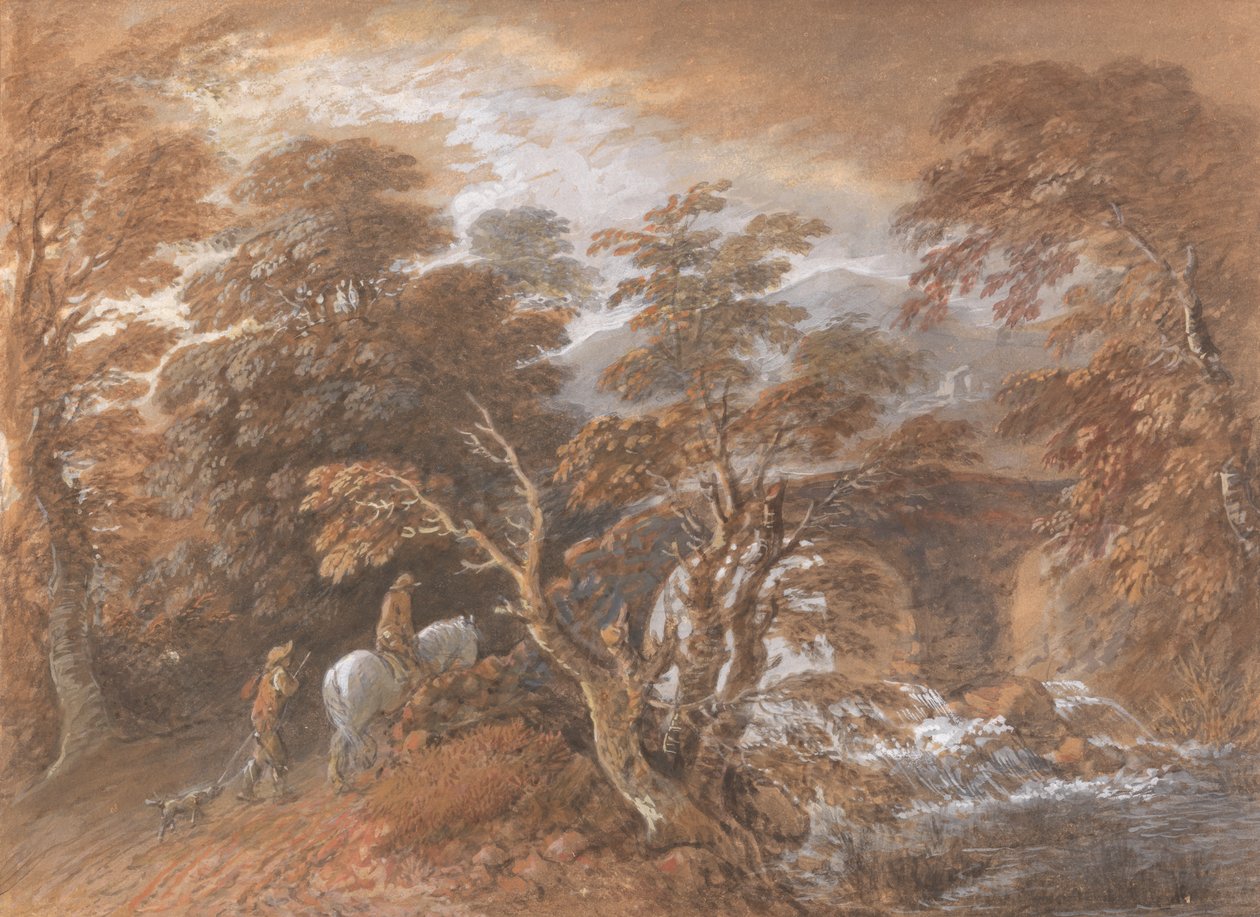 Kuperat landskap med figurer som närmar sig en bro av Thomas Gainsborough