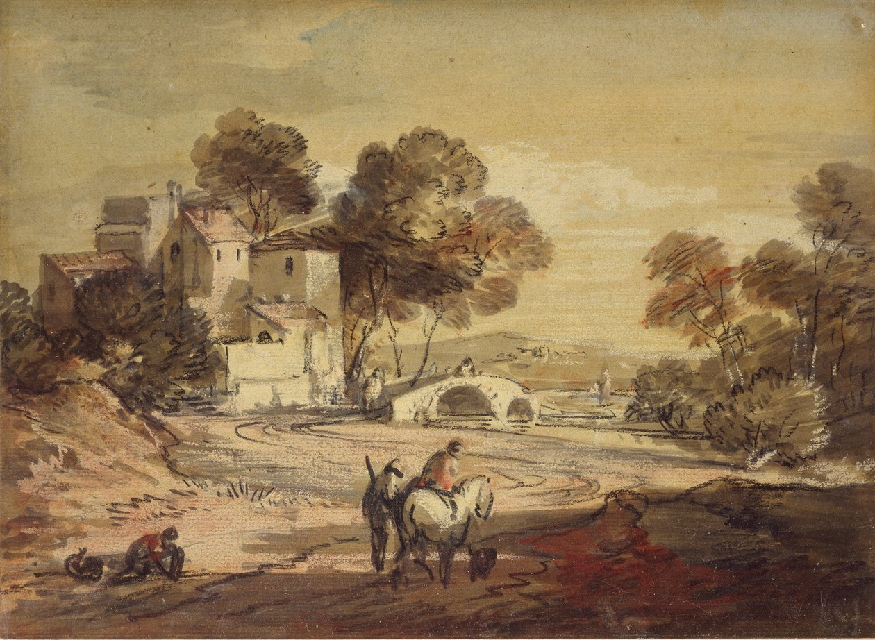 Italienskt landskap med resenärer på en slingrande väg, 1775-1779 av Thomas Gainsborough