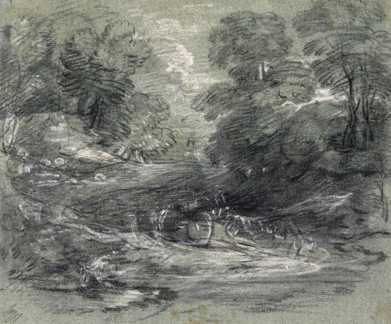 Landskap med bondvagn på ett slingrande spår mellan träd (kol och gouache på papper) av Thomas Gainsborough