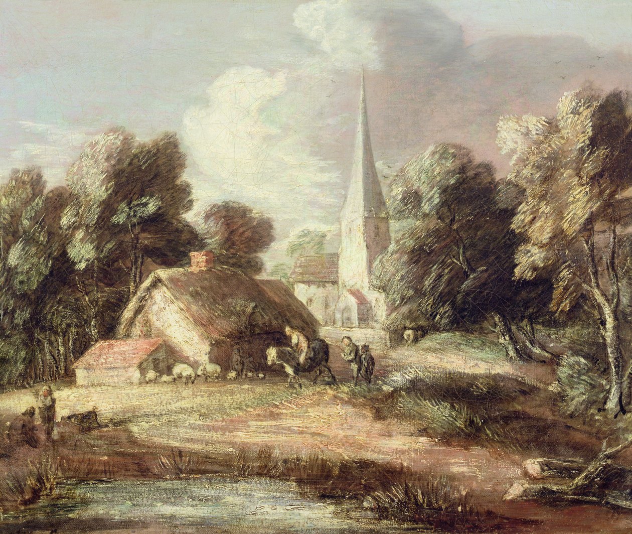 Landskap med kyrka, stuga, bybor och djur, ca 1771-2 (olja på duk med svart krita) av Thomas Gainsborough
