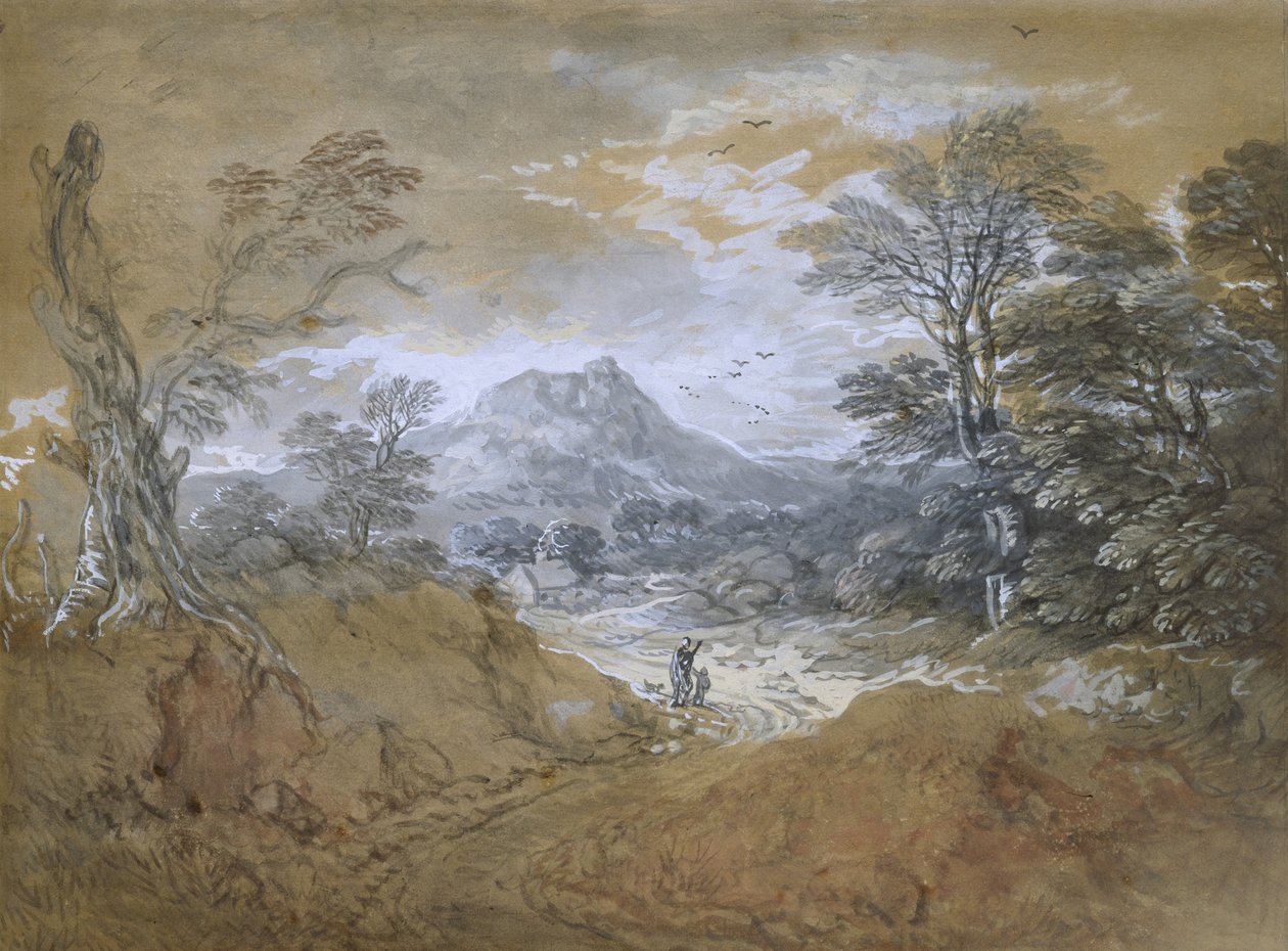 Landskap med en väg vid kanten av en skog, 1760-65 (akvarell och kroppsfärg över svaga markeringar i grafit på brunt papper) av Thomas Gainsborough