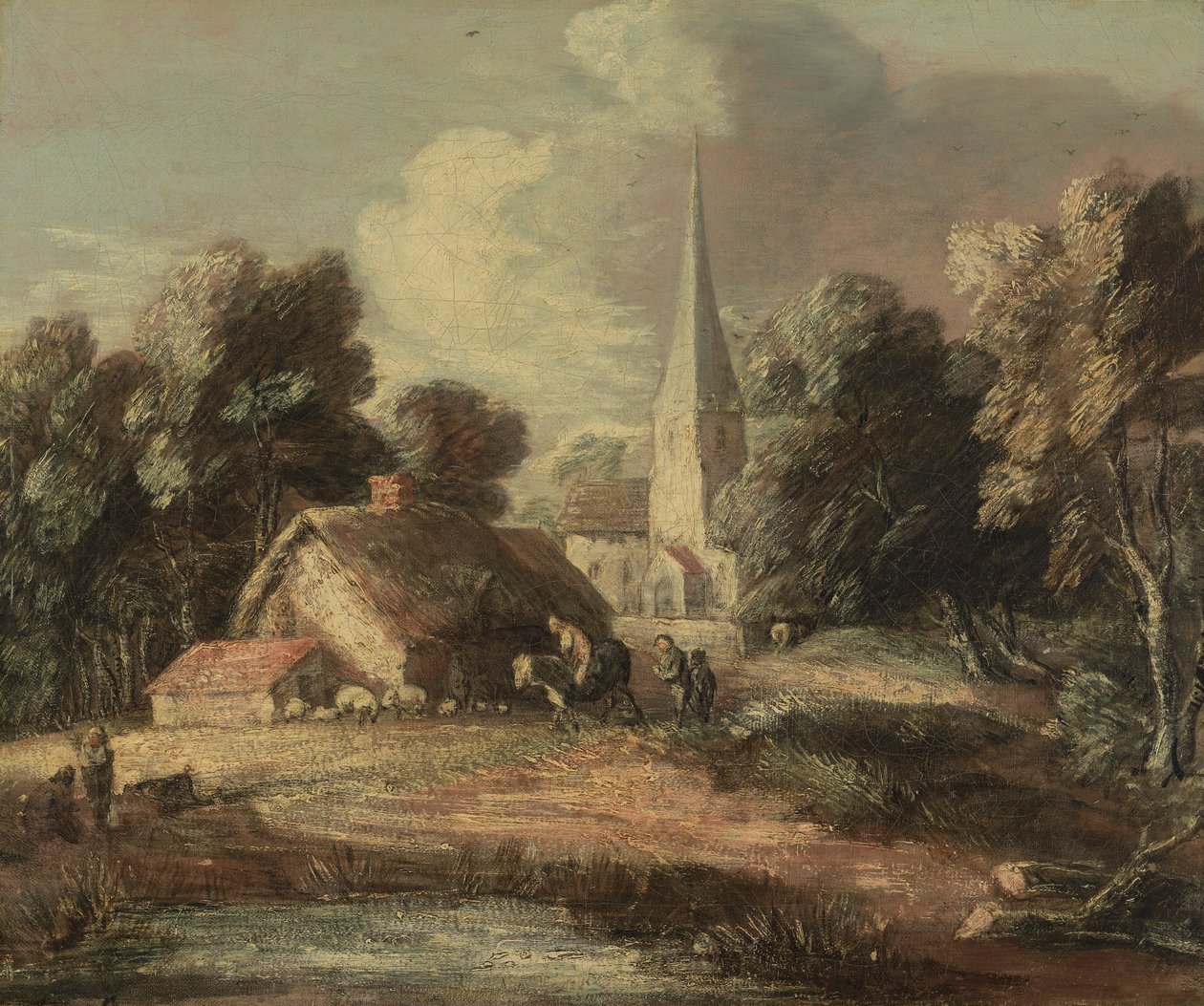 Landskap med stuga och kyrka av Thomas Gainsborough