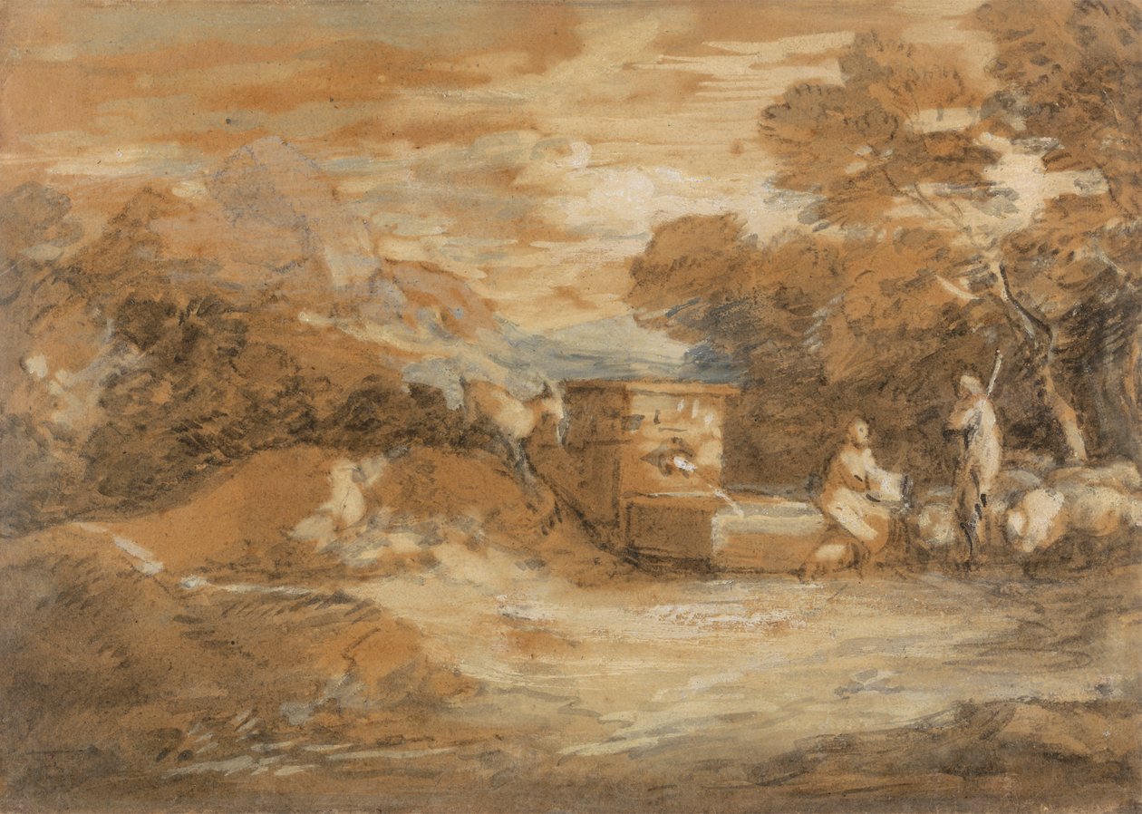 Bergslandskap med figurer, får och fontän av Thomas Gainsborough
