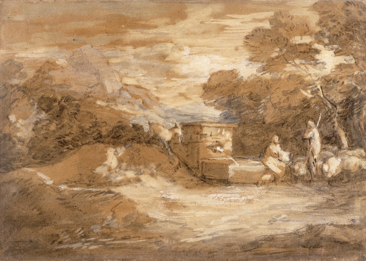Bergslandskap med figurer, får och fontän, ca 1785-88 (grå tvätt, olja och svart krita på lagt papper) av Thomas Gainsborough