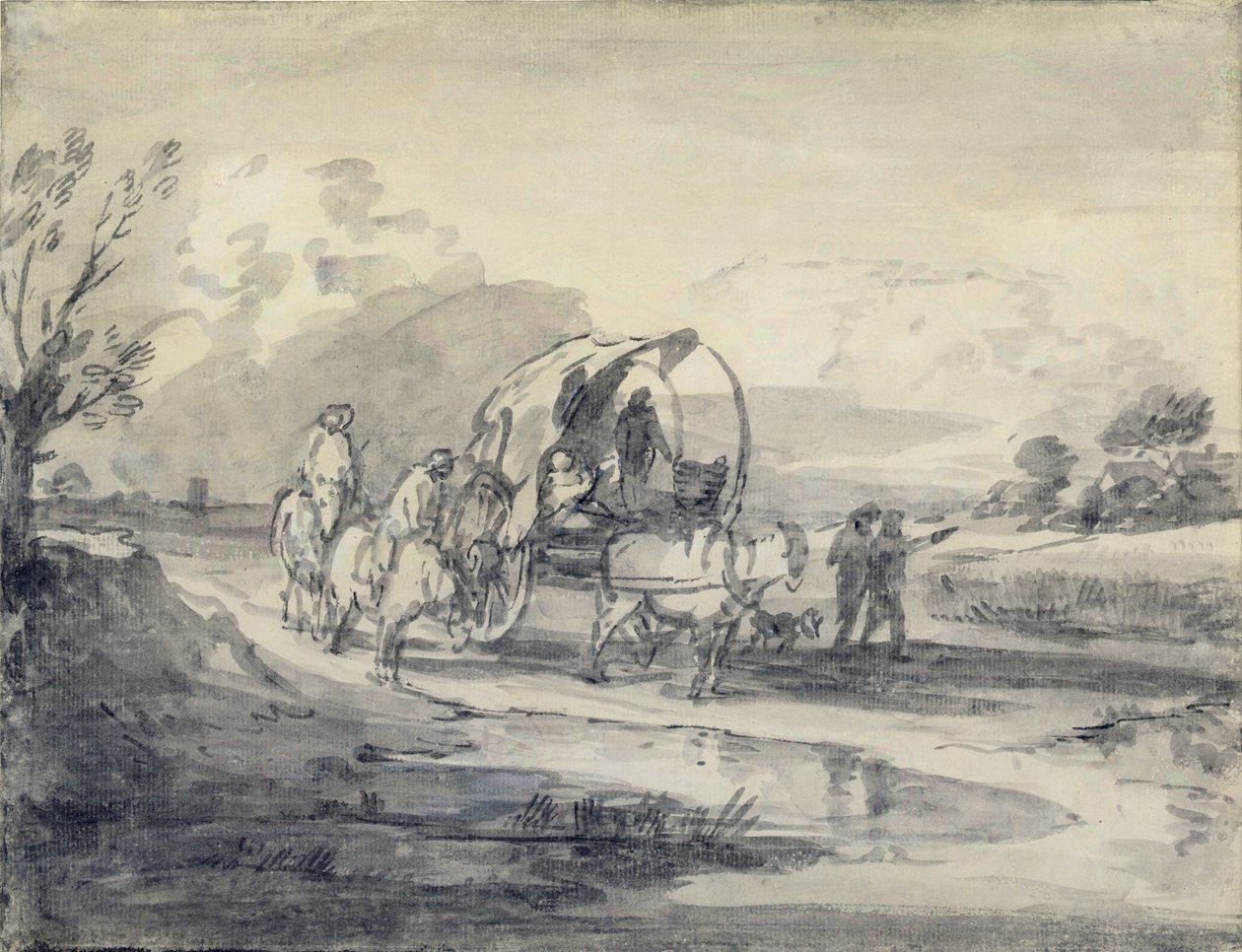 Öppet landskap med herdsman och täckt vagn, ca 1780-85 (grå och svart tvätt och krita på papper) av Thomas Gainsborough