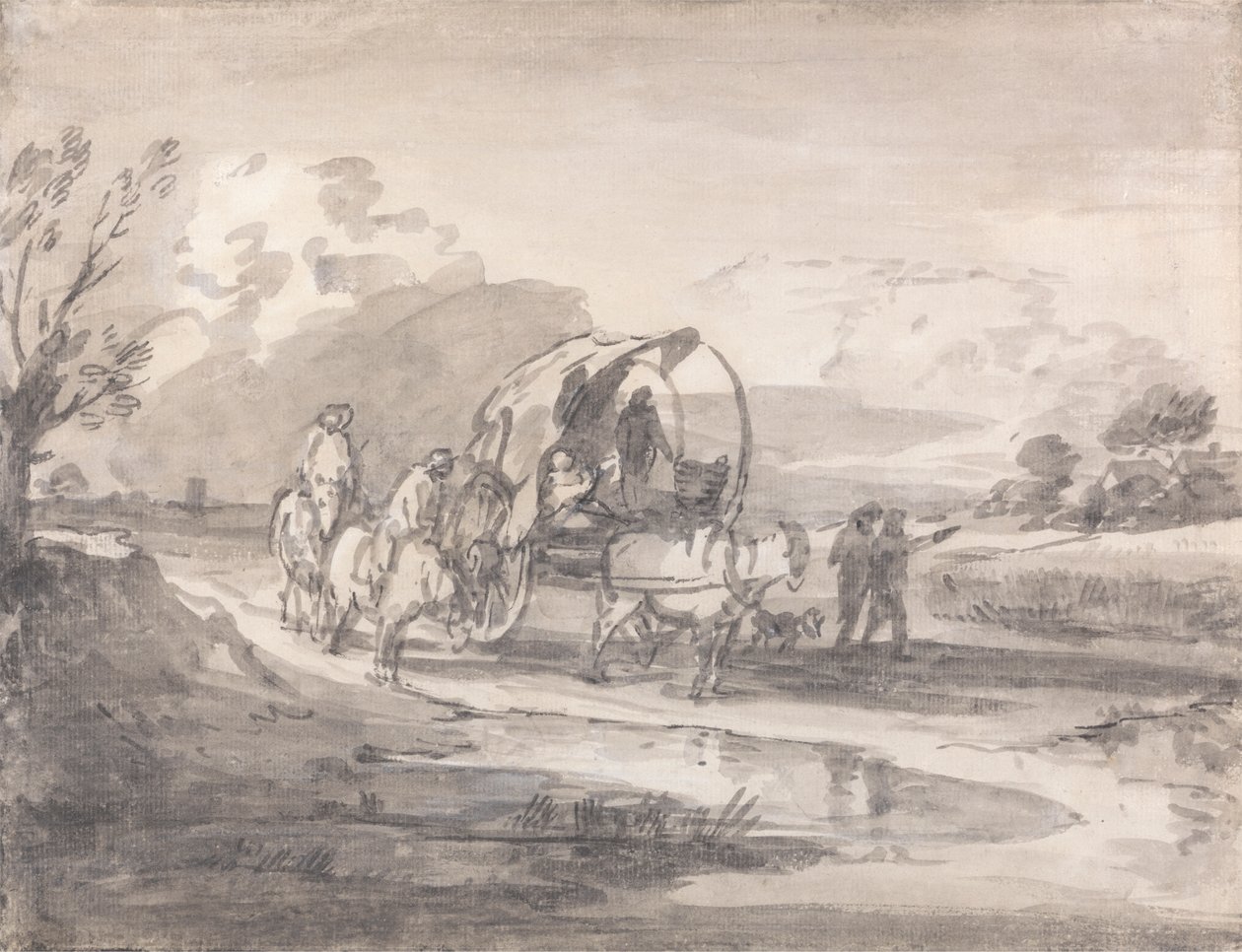 Öppet landskap med ryttare och täckt vagn av Thomas Gainsborough
