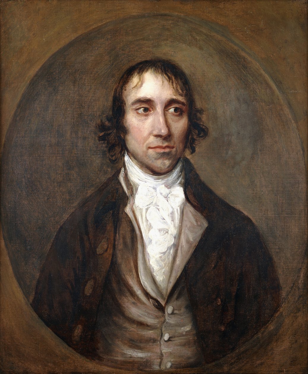 Porträtt av John Gainsborough, konstnärens bror, bystlängd, i brun jacka och väst och vitt lager, av Thomas Gainsborough