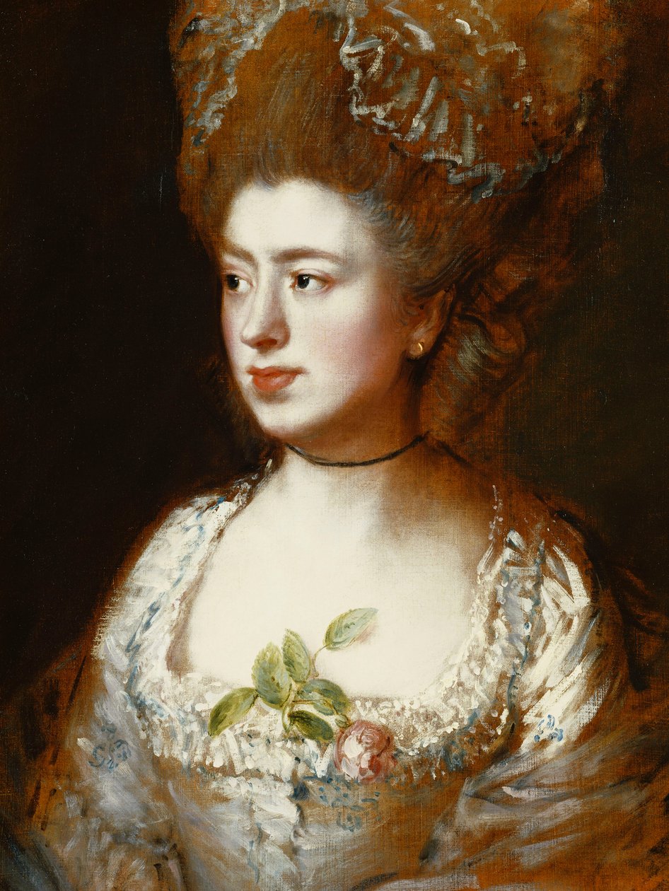 Porträtt av fröken Mary Gainsborough, senare fru Fischer, konstnärens dotter, huvud och axlar, vänd åt höger, iklädd en blå och vit klänning med en rosa ros i sitt korsage, av Thomas Gainsborough