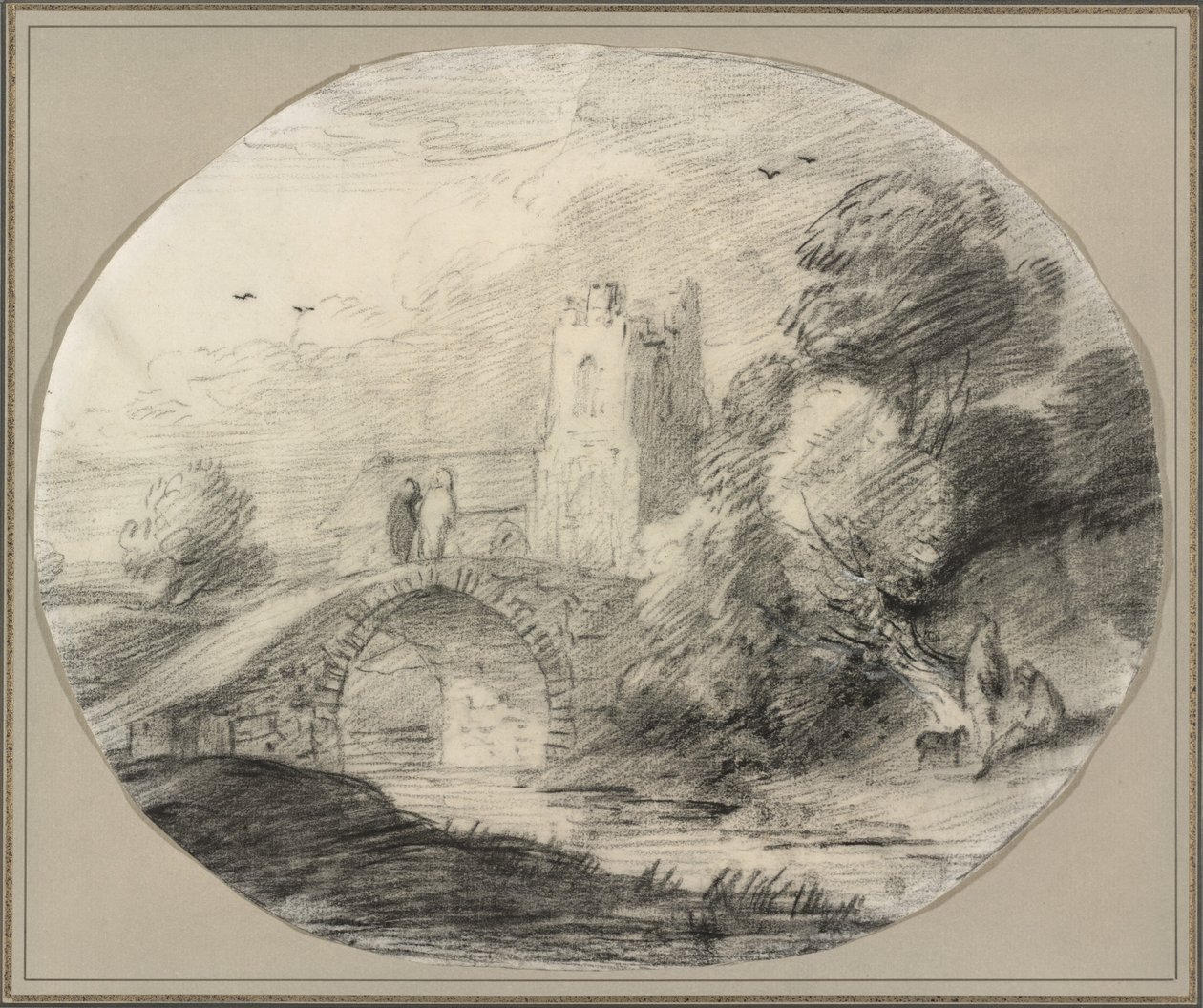 Flodlandskap med en bro och en kyrka av Thomas Gainsborough