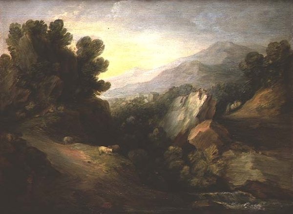 Stenigt skogslandskap med får vid ett vattenfall av Thomas Gainsborough