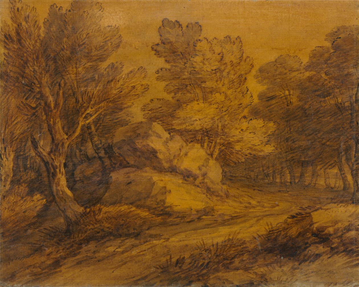 Scen med en väg som slingrar sig genom en skog av Thomas Gainsborough
