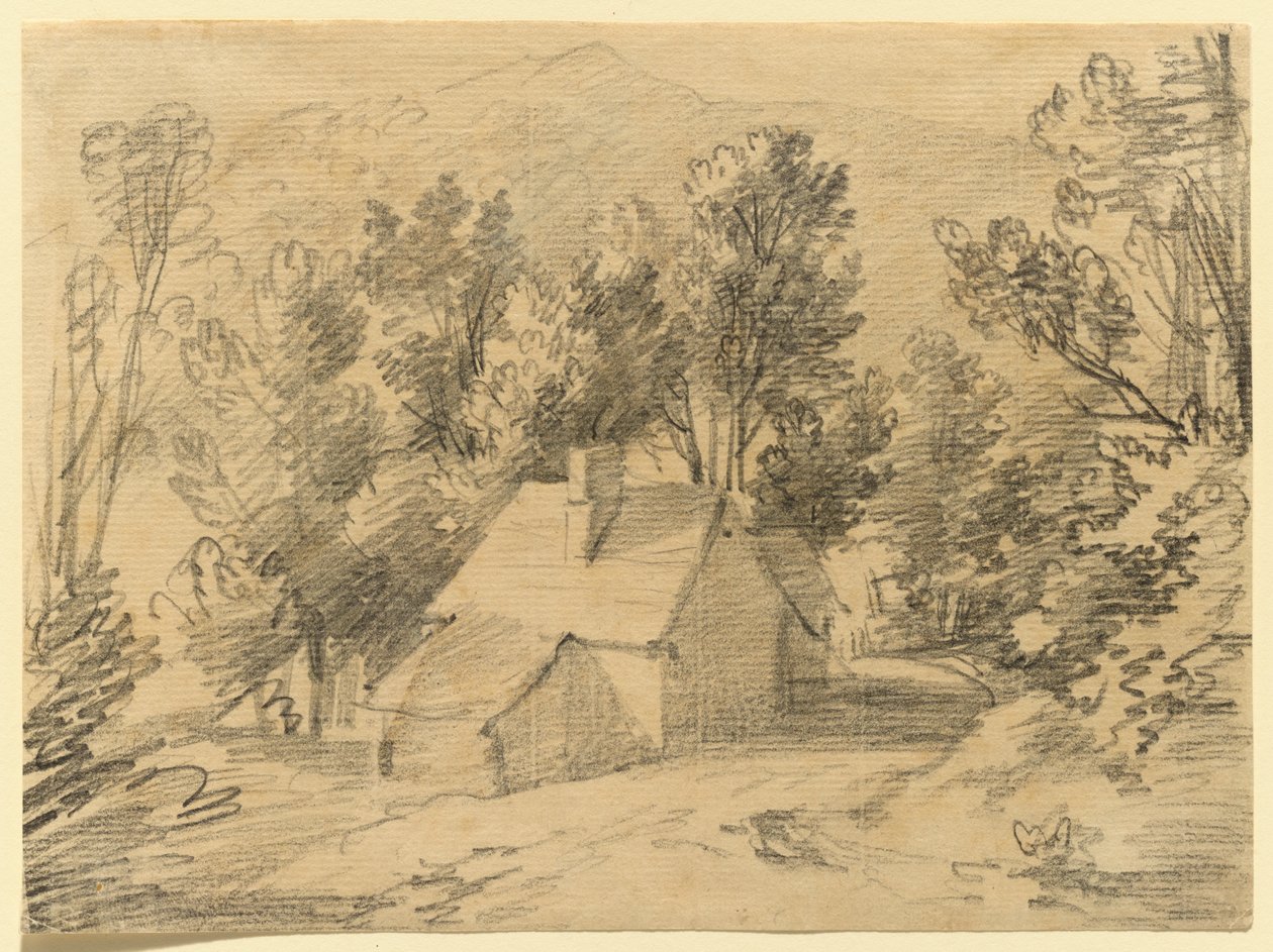 Studie av ett hus och ett skjul i en skogklädd dal av Thomas Gainsborough