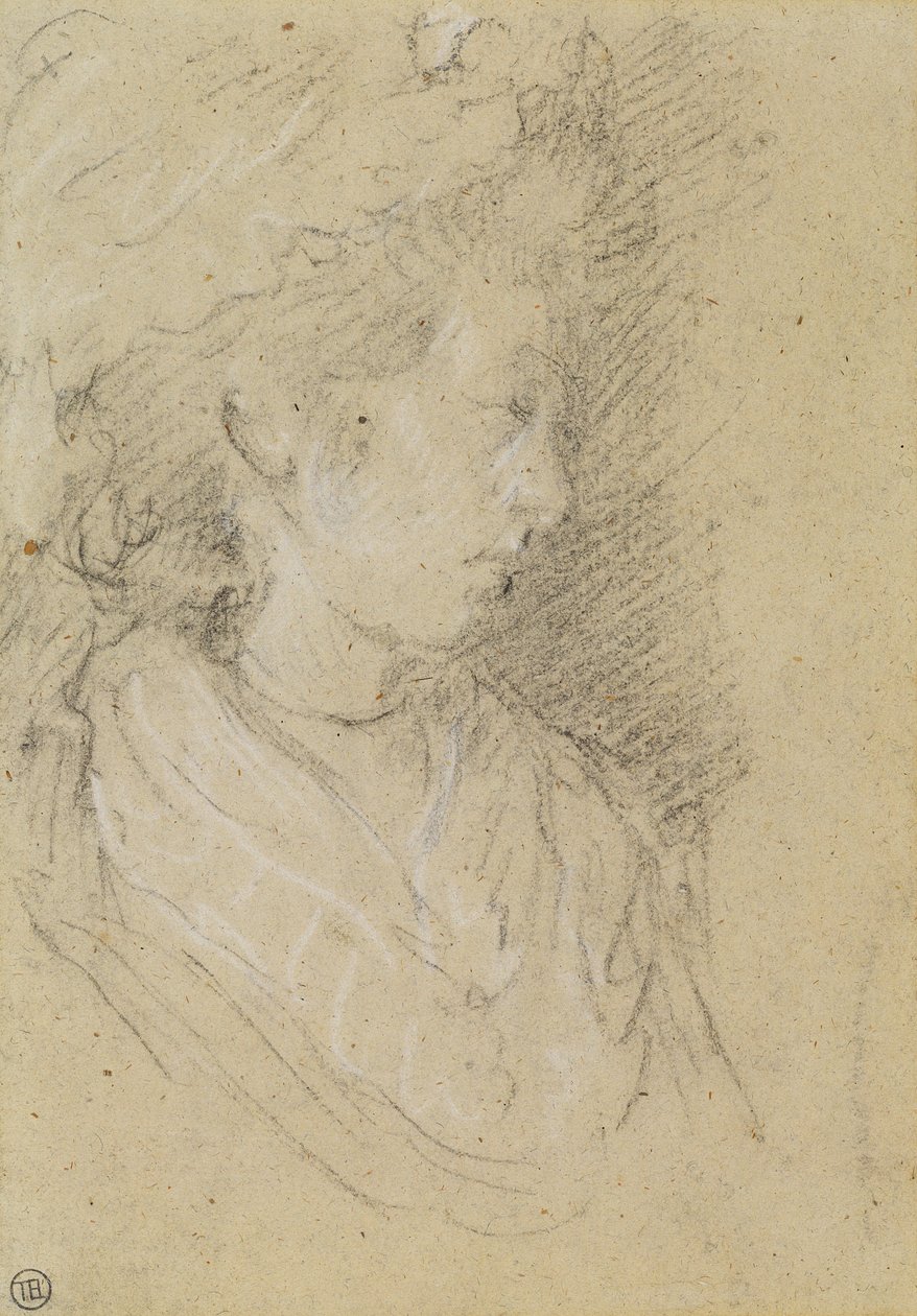 Studie av en kvinna i en mobbkeps (svartvit krita på vävt papper) av Thomas Gainsborough