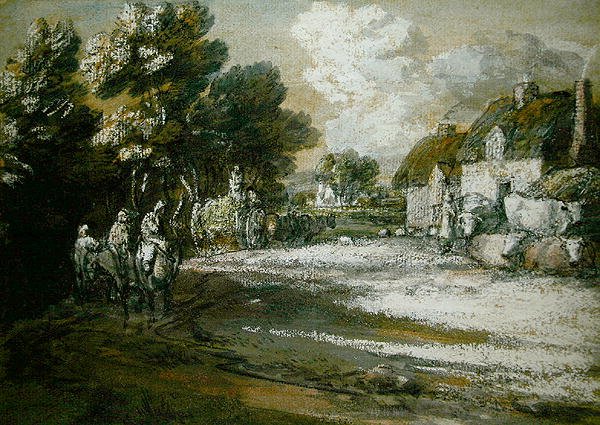 Resenärer som passerar en by (svartvit krita på papper) av Thomas Gainsborough