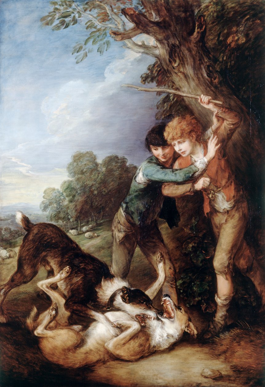 Två herdepojkar med hundar som slåss (olja på duk) av Thomas Gainsborough