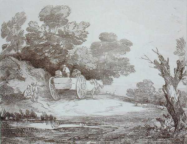 Skogbevuxen landskap, landsvagn och figurer (gravyr) av Thomas Gainsborough