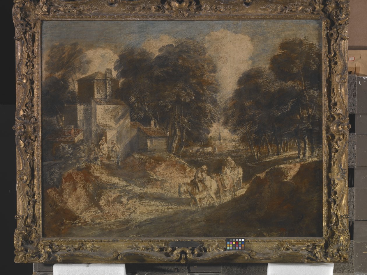 Skoglandskap med monterade bönder (bläck, blyvitt och gouache på papper monterat på duk) av Thomas Gainsborough