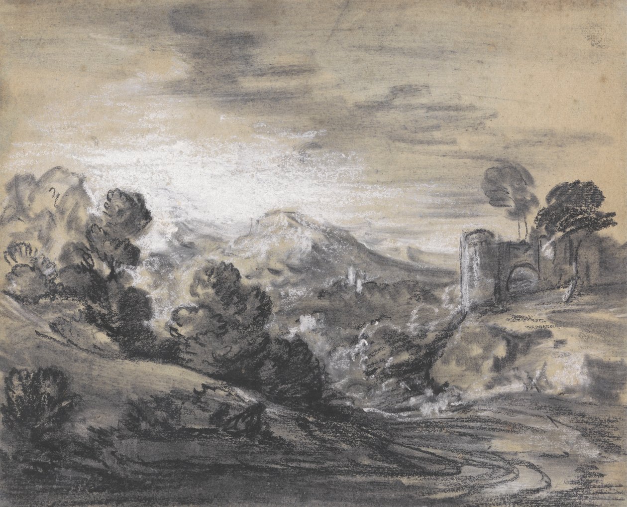 Skogbevuxen landskap med slott av Thomas Gainsborough