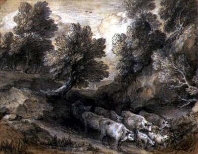 Skogbevuxen landskap med boskap och getter, ca 1768-72 (svartvit krita på papper) av Thomas Gainsborough