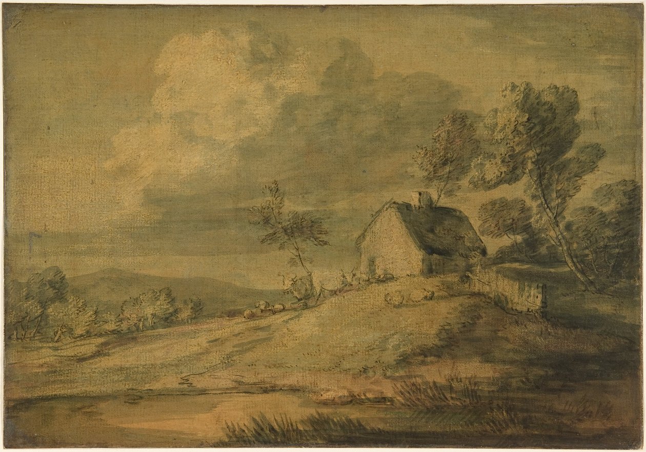 Skogslandskap med stuga, kor och får av Thomas Gainsborough