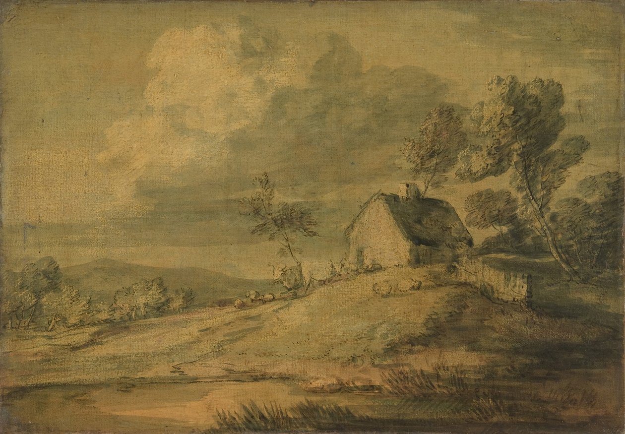 Skogbevuxen landskap med stuga, kor och får, ca. 1770. av Thomas Gainsborough