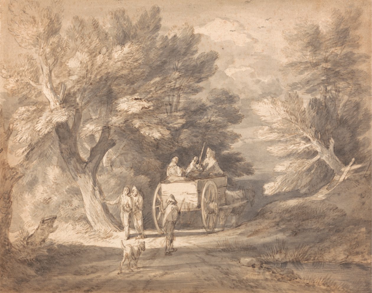 Skogbevuxen landskap med landsvagn och figurer som går nerför en körfält av Thomas Gainsborough