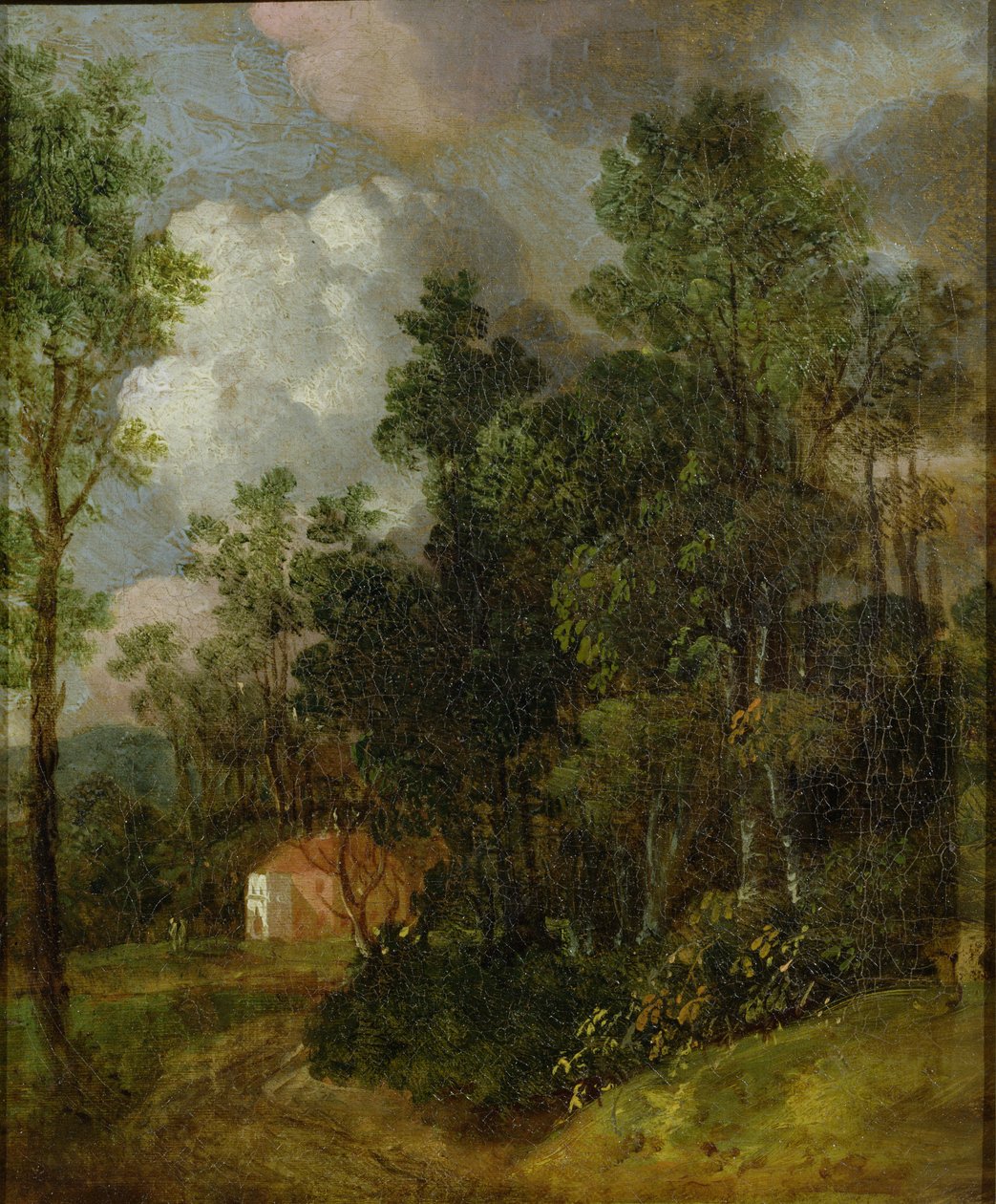 Skogbevuxen landskap med lanthus och två figurer, ca 1752 (olja på duk på duk) av Thomas Gainsborough
