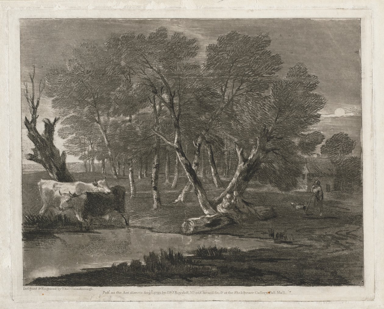 Skogbevuxen landskap med kor bredvid en pool, figurer och stuga av Thomas Gainsborough