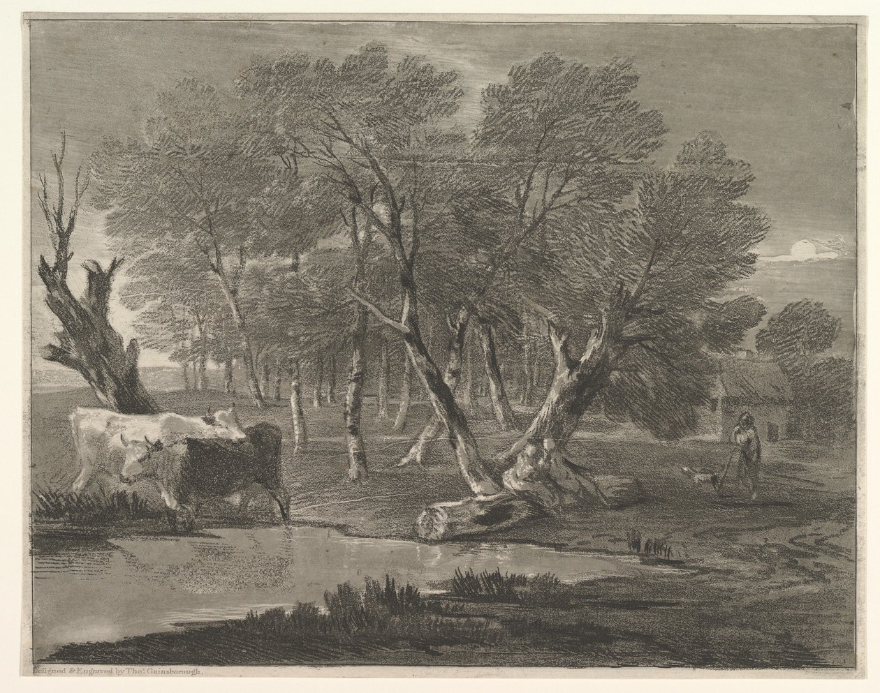 Skogbevuxen landskap med kor bredvid en pool, figurer och stuga, 1775-80. av Thomas Gainsborough