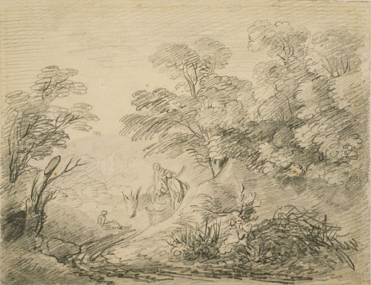 Skogbevuxen landskap med åsna och figurer, ca 1759 (grafit på papper) av Thomas Gainsborough