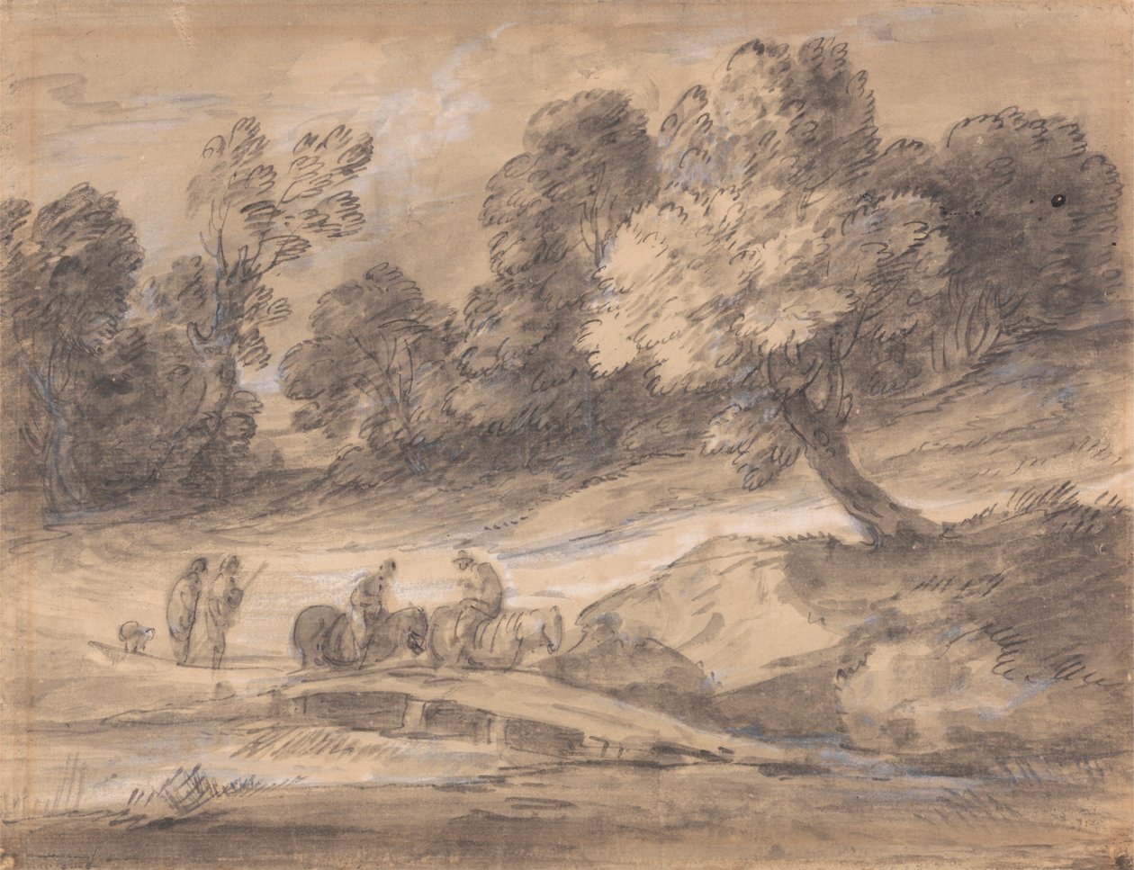 Trädbevuxen landskap med figurer på hästryggen som korsar en bro av Thomas Gainsborough