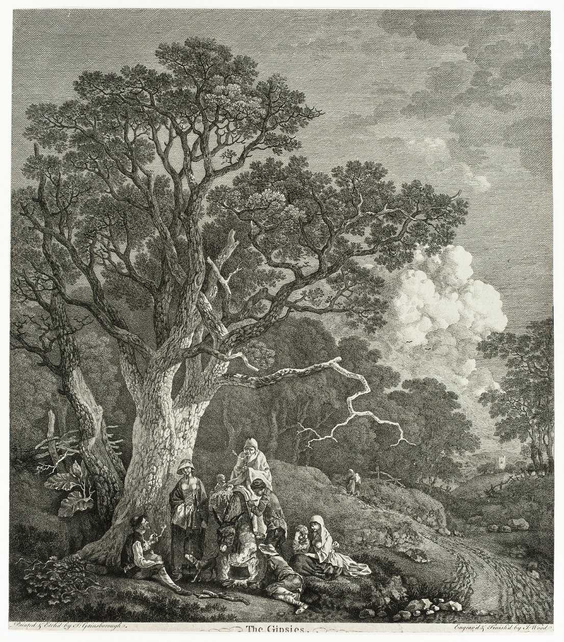 Skogbevuxen landskap med zigenare samlade runt en eld av Thomas Gainsborough