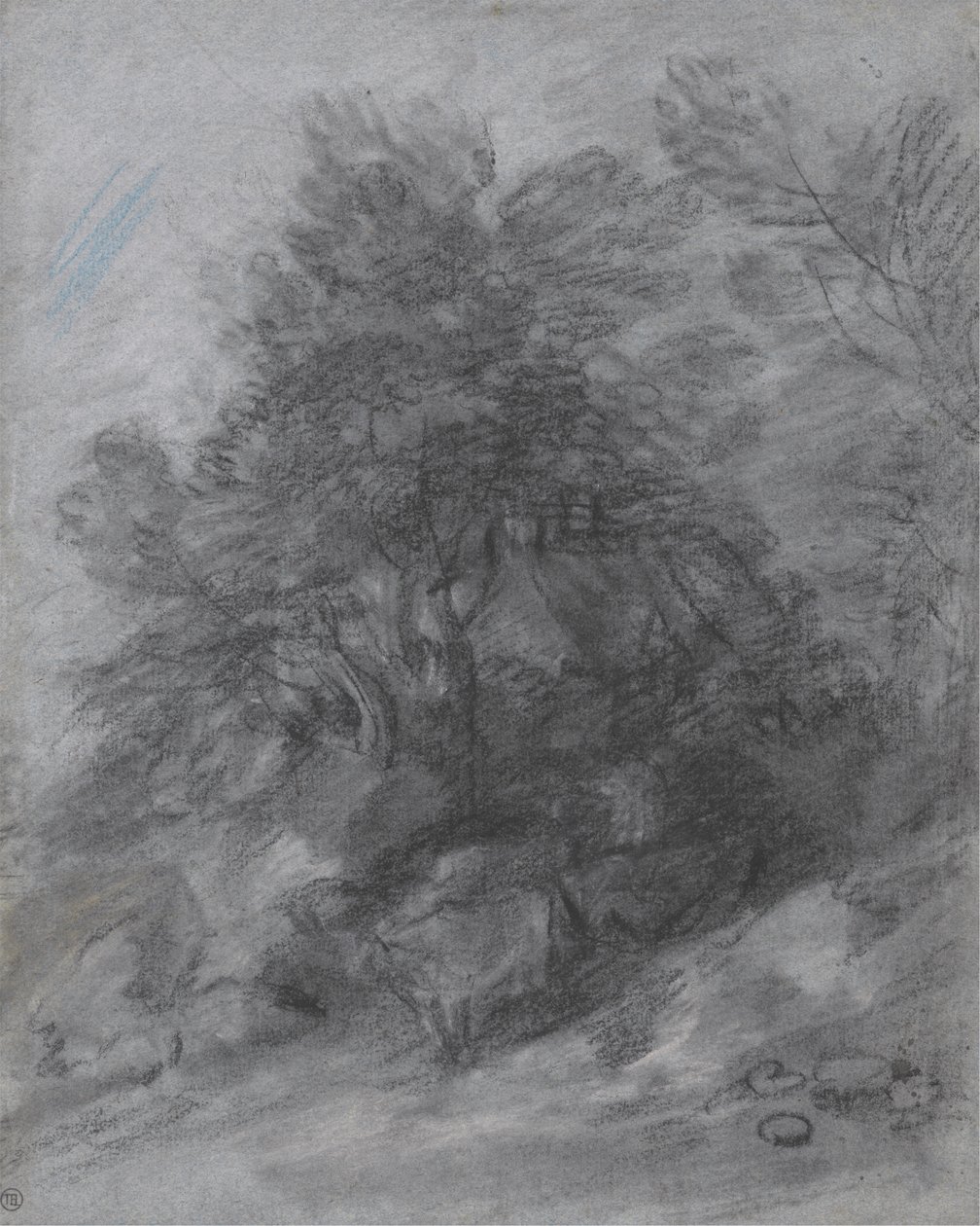 Skogbevuxen landskap med herdsman, kor och stuga av Thomas Gainsborough
