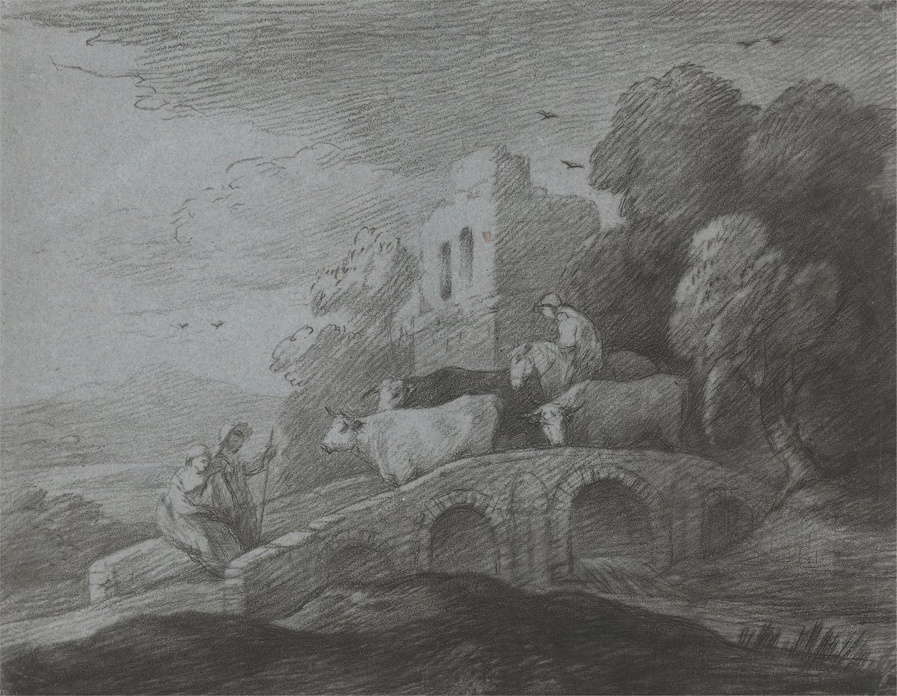 Skogbevuxen landskap med herdsman driver boskap över en bro, rustika älskare och ruinerad slott av Thomas Gainsborough
