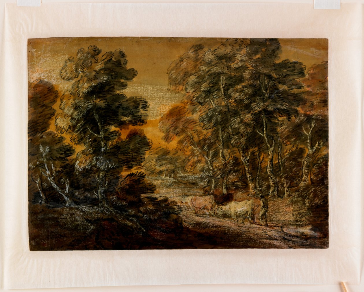 Skoglandskap med herd och boskap, ca 1770 (svart och vit krita, lackerad) av Thomas Gainsborough