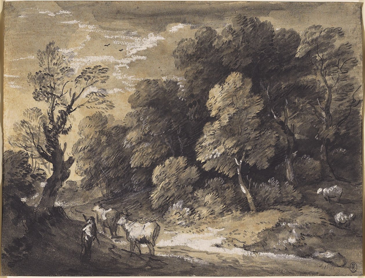 Skoglandskap med herdsman och boskap, ca 1775-80 (svart krita & gråsvarta tvättar, förhöjd med vit gouache på lagt papper) av Thomas Gainsborough