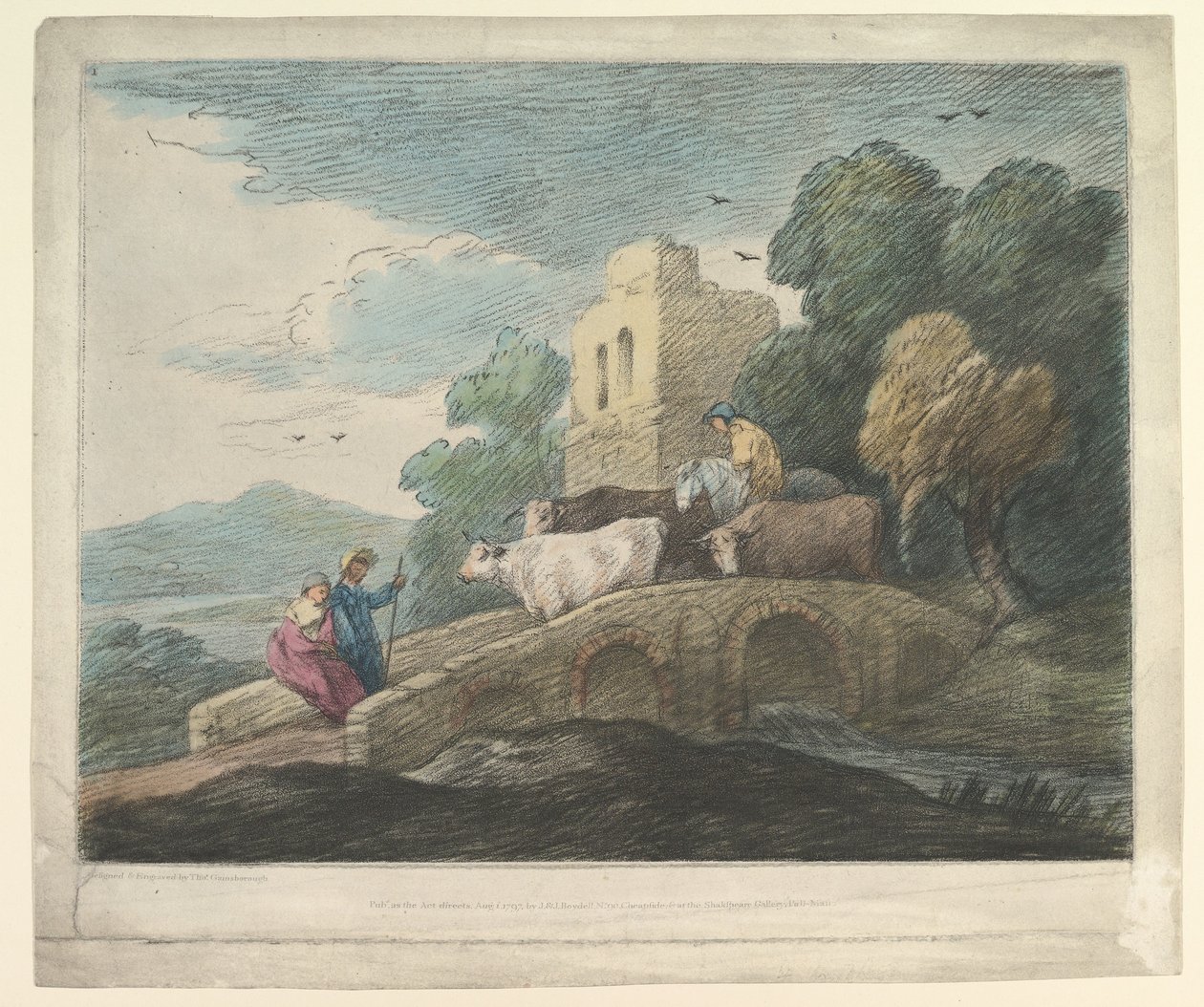 Skogbevuxen landskap med herdar som kör boskap över en bro, rustika älskare och ruinerat slott, 1797. av Thomas Gainsborough