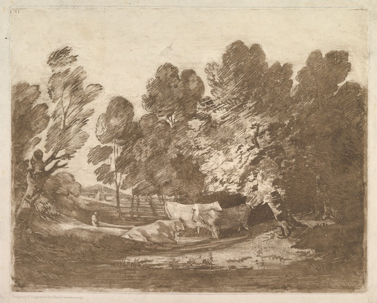 Skogbevuxen landskap med herdar och kor, 1 augusti 1797. av Thomas Gainsborough
