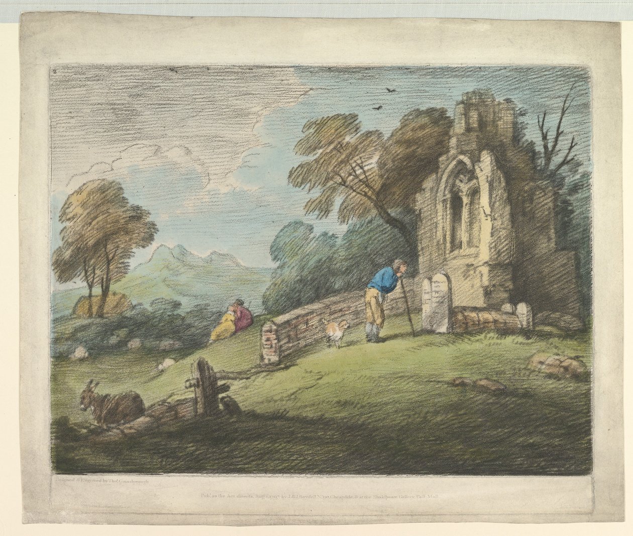 Skogbevuxen landskap med bondeläsande gravsten, rustika älskare och ruinerad kyrka, 1 augusti 1797. av Thomas Gainsborough