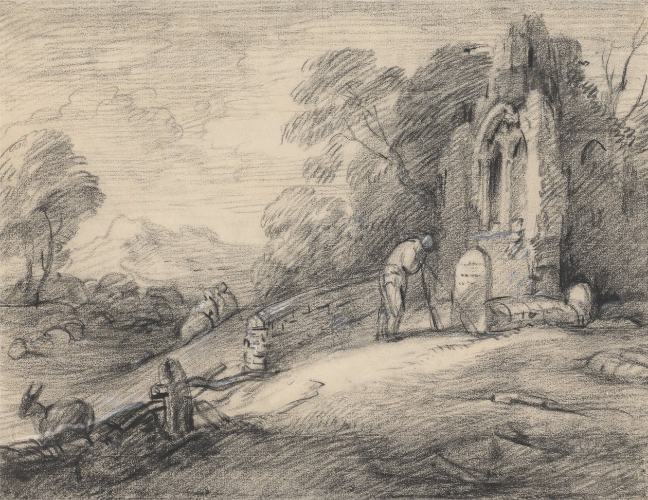 Skogklätt landskap med en bonde som läser en inskription på en gravsten intill en ruin av en kyrka, figurer, åsna, får och avlägsna berg av Thomas Gainsborough