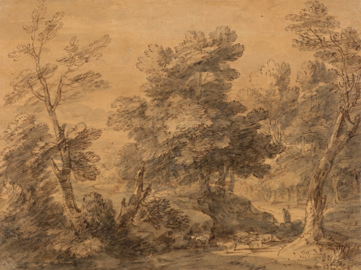 Skogbevuxen landskap med herde och får av Thomas Gainsborough