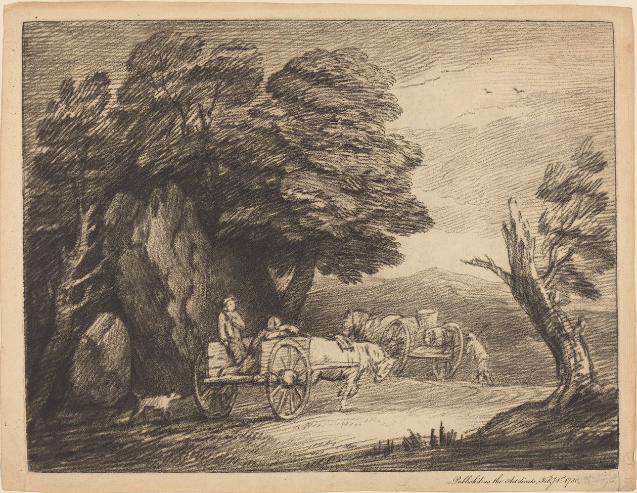Skogbevuxen landskap med två land vagnar och figurer av Thomas Gainsborough